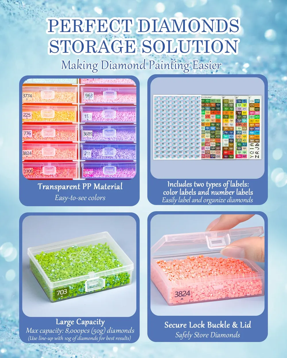 Kit rangement 3-en-1 peinture diamant plateaux étiquettes