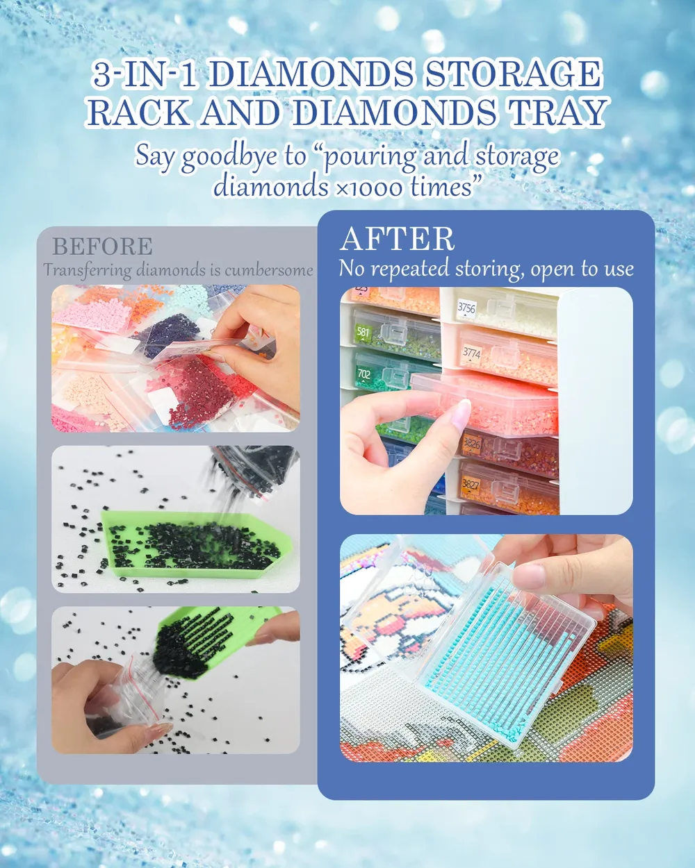 Kit rangement 3-en-1 peinture diamant plateaux étiquettes