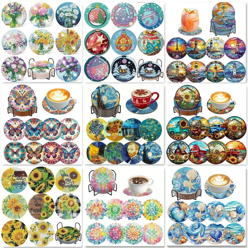 Lot de 8 sous-verres peinture diamant bouquet