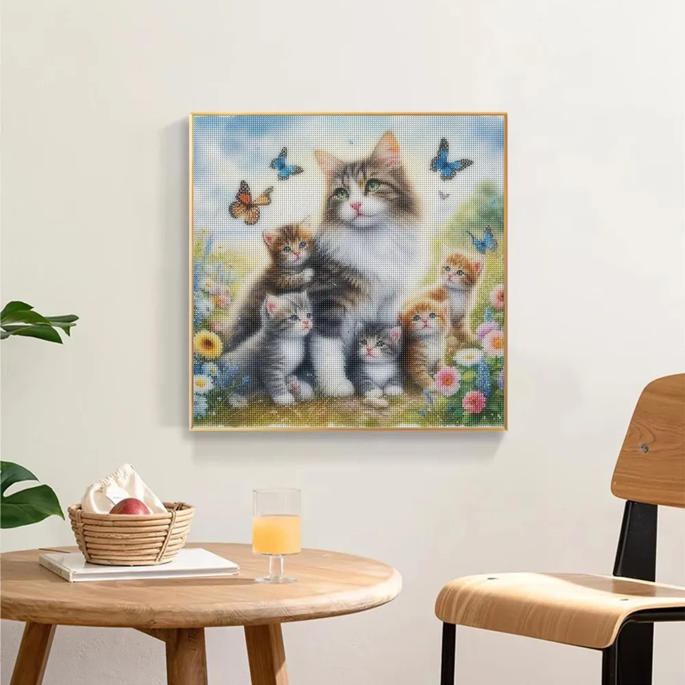 Peinture diamant chat fleurs papillon 30 à 50 cm carré ou rond