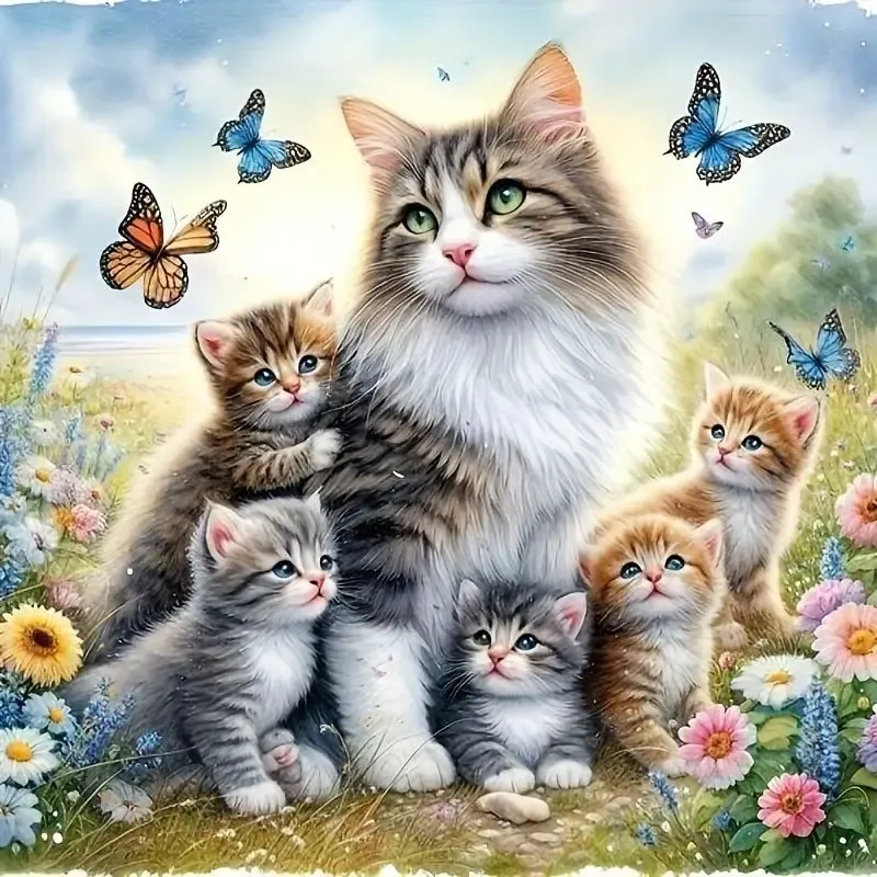 Peinture diamant chat fleurs papillon 30 à 50 cm carré ou rond