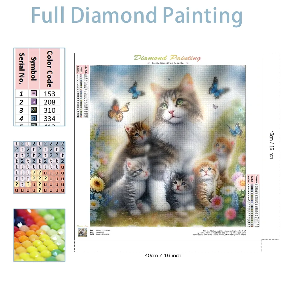 Peinture diamant chat fleurs papillon 30 à 50 cm carré ou rond