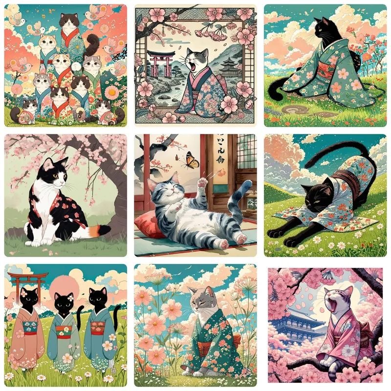 Peinture diamant chat kimono Sakura 30x30 à 50x50 cm