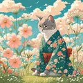 Peinture diamant chat kimono Sakura 30x30 à 50x50 cm – Couleur Bleu (B8)
