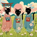 Peinture diamant chat kimono Sakura 30x30 à 50x50 cm – Couleur vert (B7)