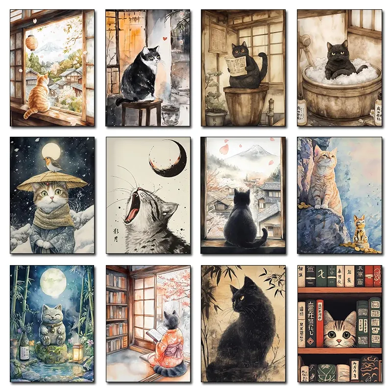 Peinture diamant chat noir japonais 20x25 à 50x70 cm