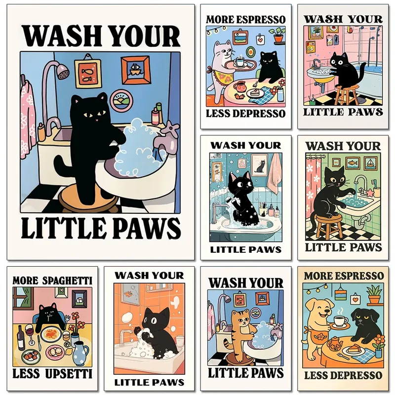 Peinture diamant chat noir salle de bain