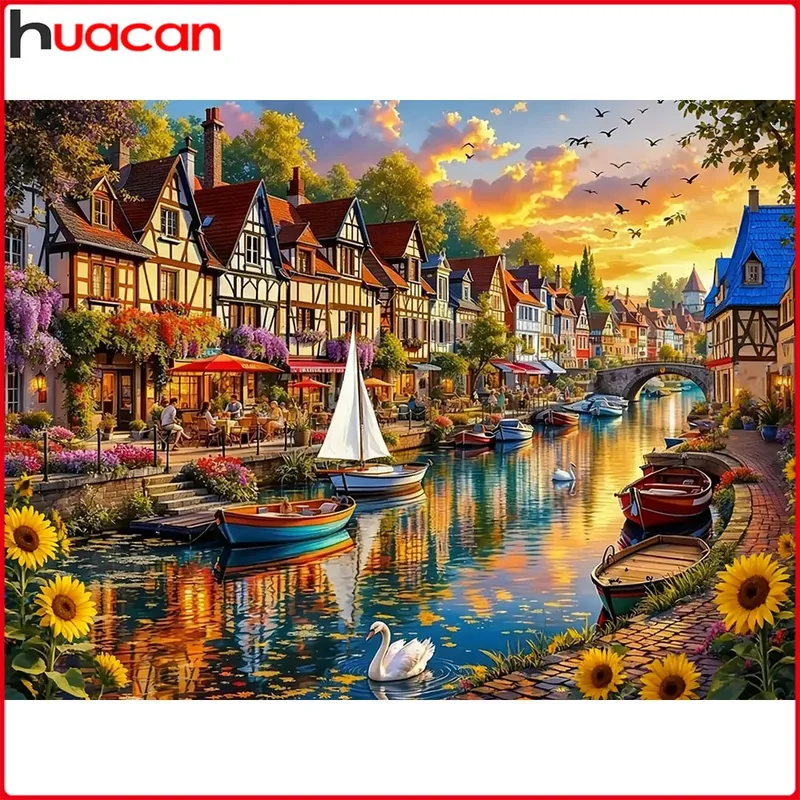 Peinture diamant coucher soleil rivière 20x30 à 50x70 cm