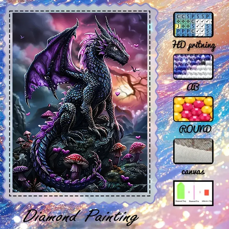 Peinture diamant dragon et champignon 30 à 70 cm