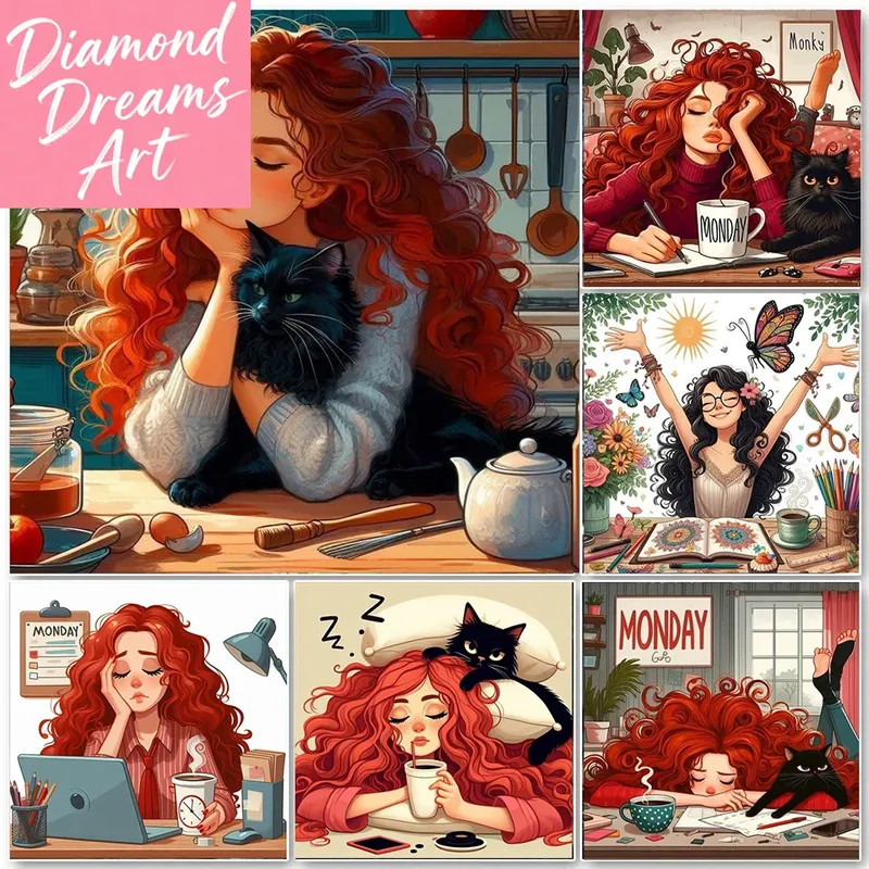 Peinture diamant fille paresseuse chat 20 à 60 cm