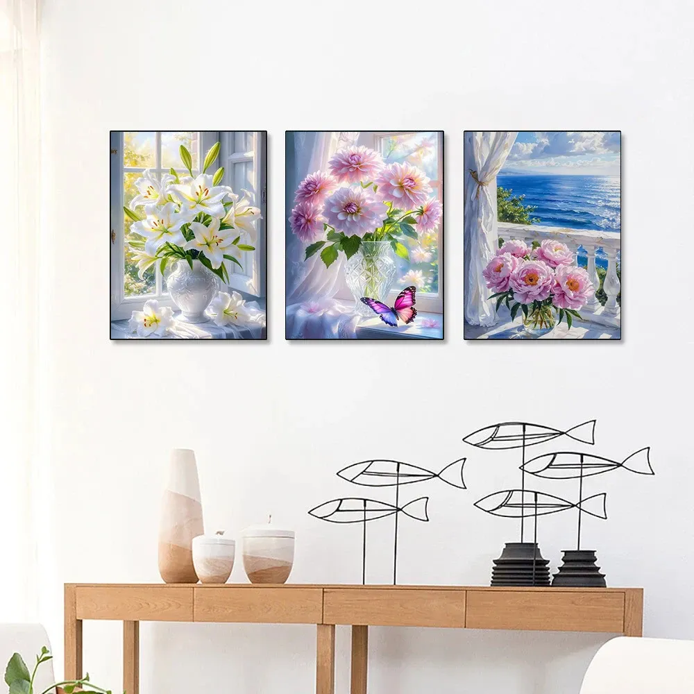 Peinture diamant fleur lys rose pivoine 30 à 70 cm