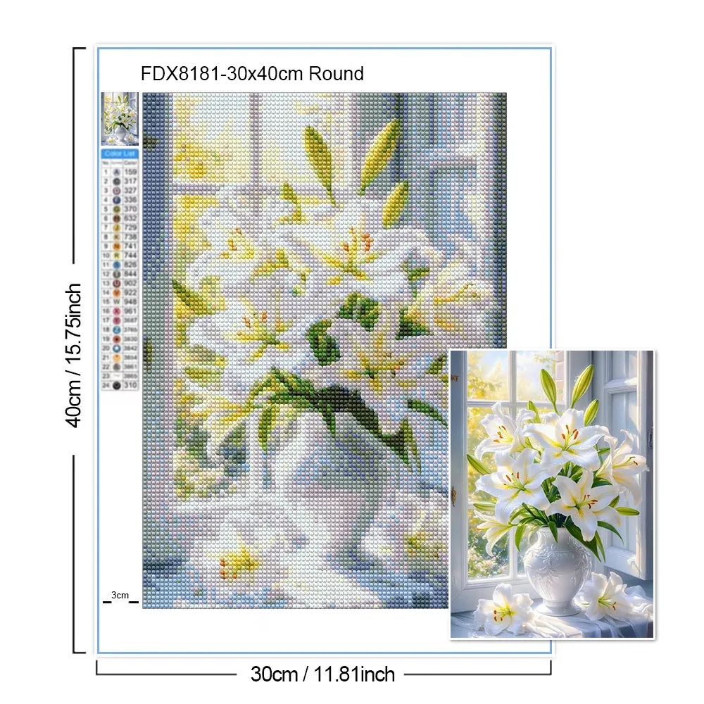 Peinture diamant fleur lys rose pivoine 30 à 70 cm
