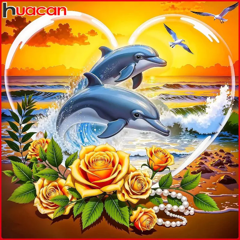 Peinture diamant fleurs dauphins 20 à 50 cm carré ou rond