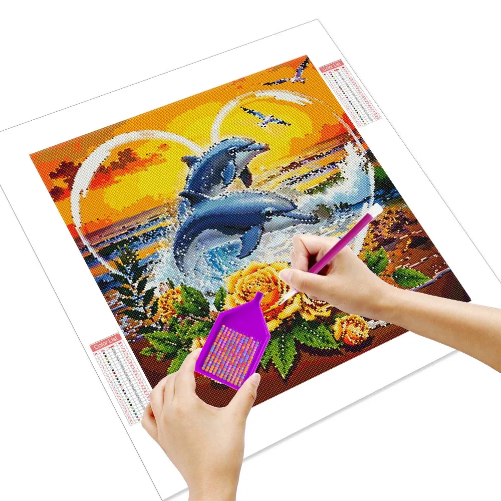 Peinture diamant fleurs dauphins 20 à 50 cm carré ou rond