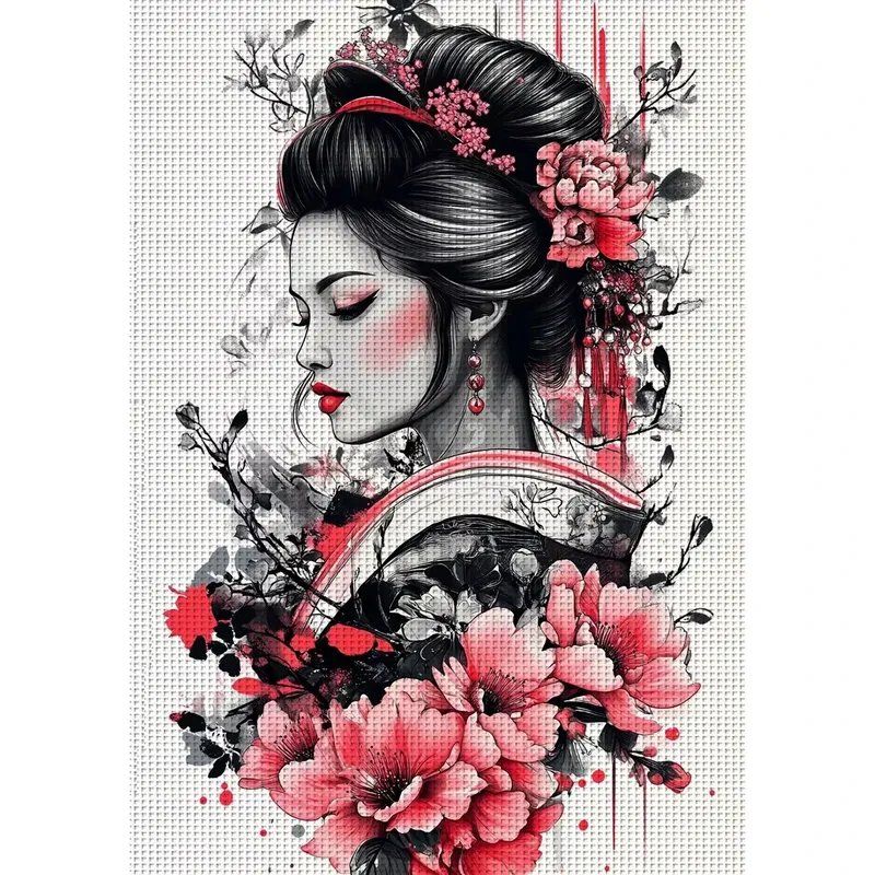 Peinture diamant geisha éventail pivoine 20x30 à 50x70 cm