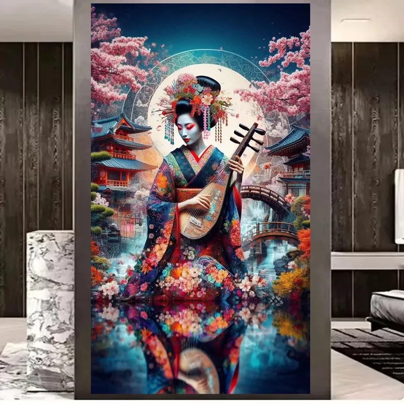 Peinture diamant Geisha fleur 30x50 à 40x70 cm