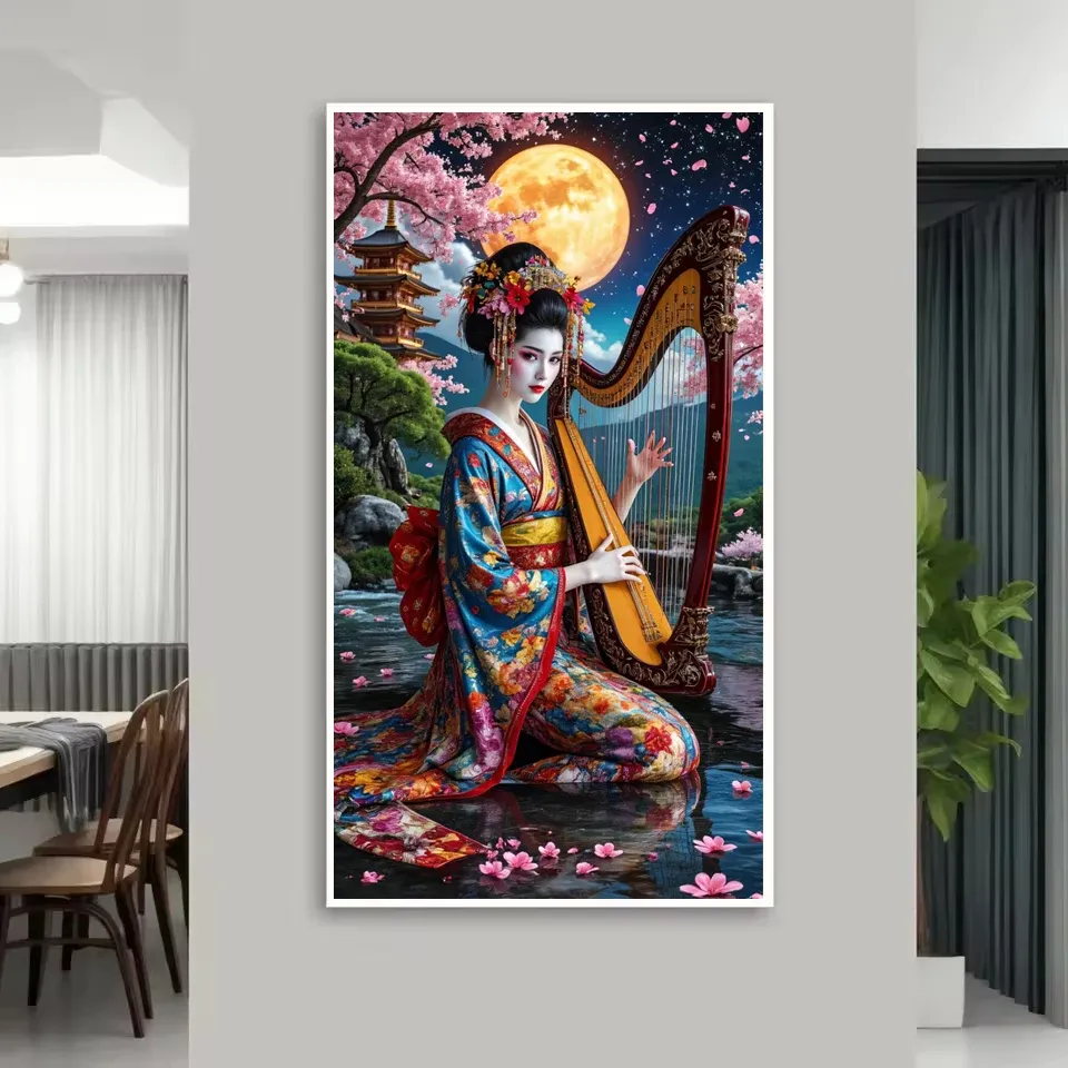 Peinture diamant Geisha fleur 30x50 à 40x70 cm