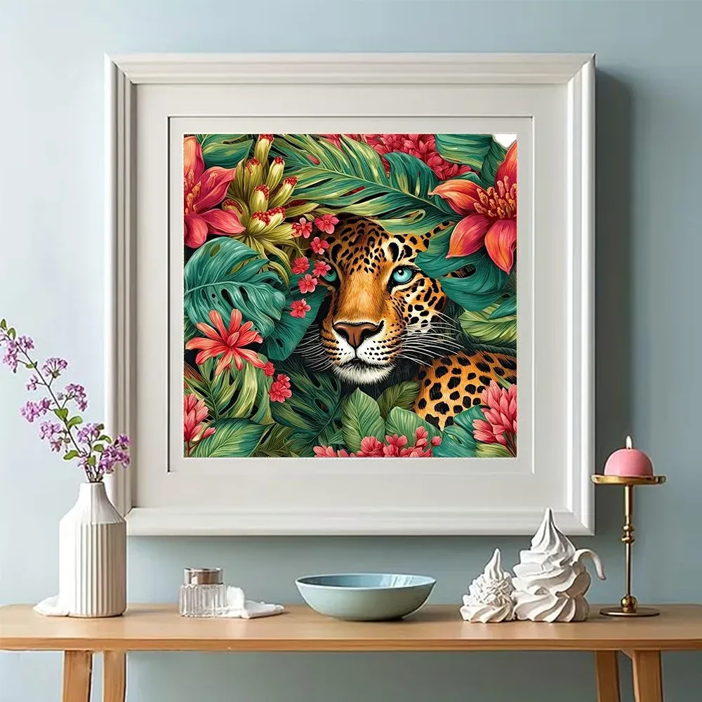 Peinture diamant léopard fleuri 30 à 50 cm
