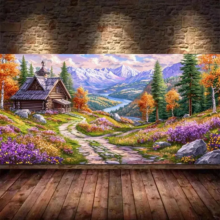 Peinture diamant maison en bois paysage de montagne grand format