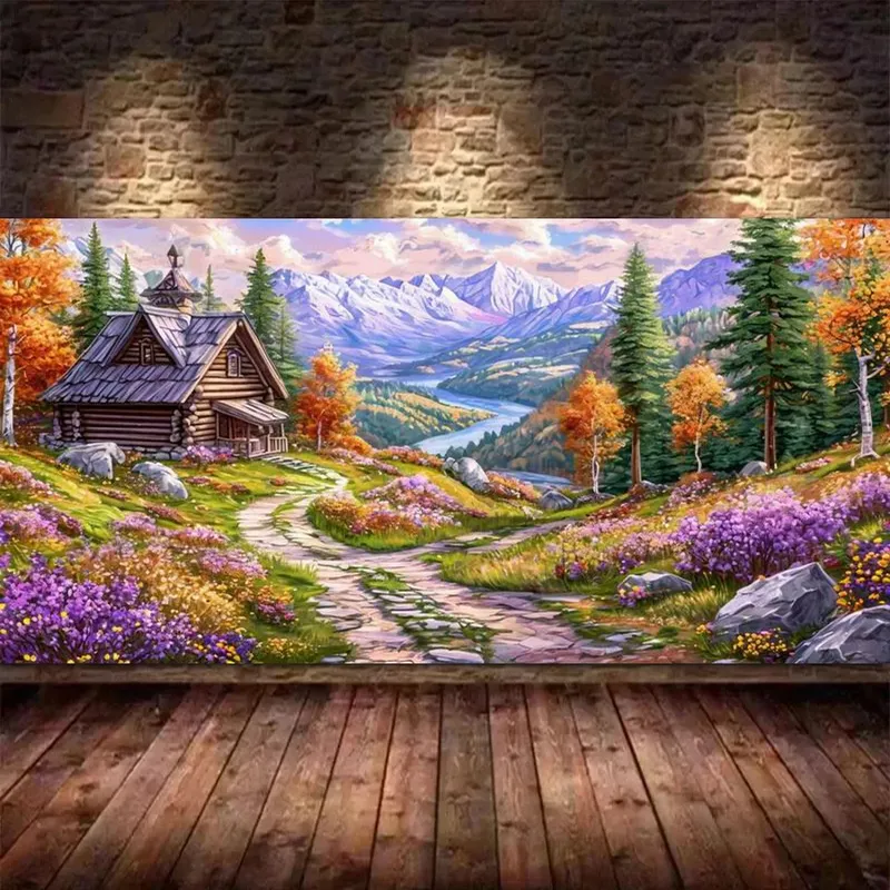 Peinture diamant maison en bois paysage de montagne grand format