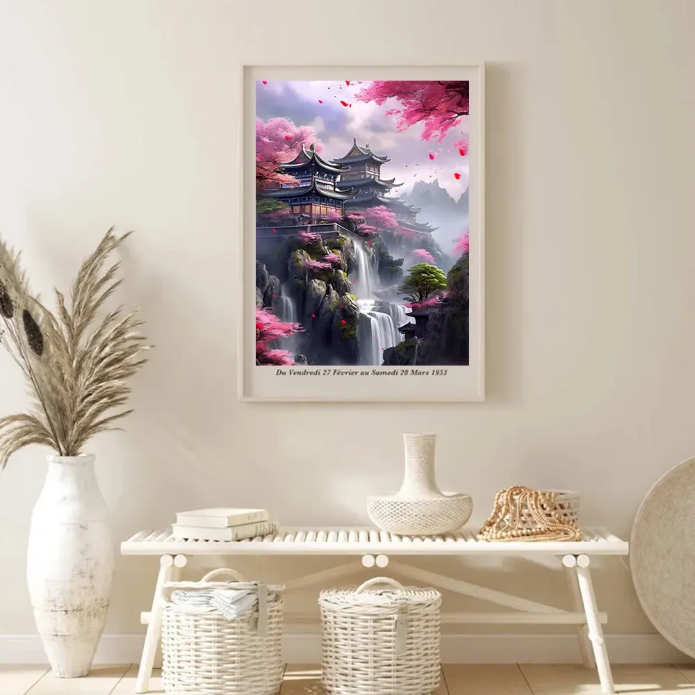 Peinture diamant maison japonaise fleur 30x40 à 40x50 cm