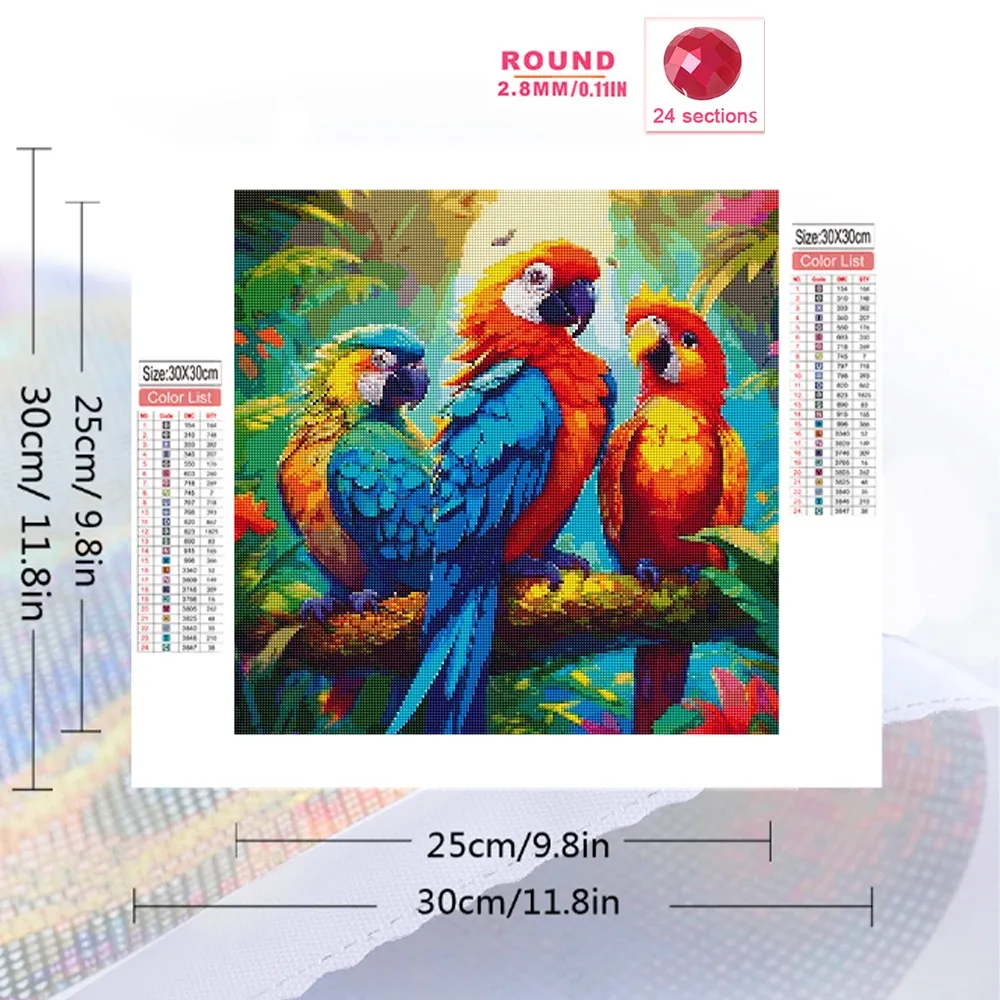 Peinture diamant oiseau perroquet 20 à 50 cm carré ou rond