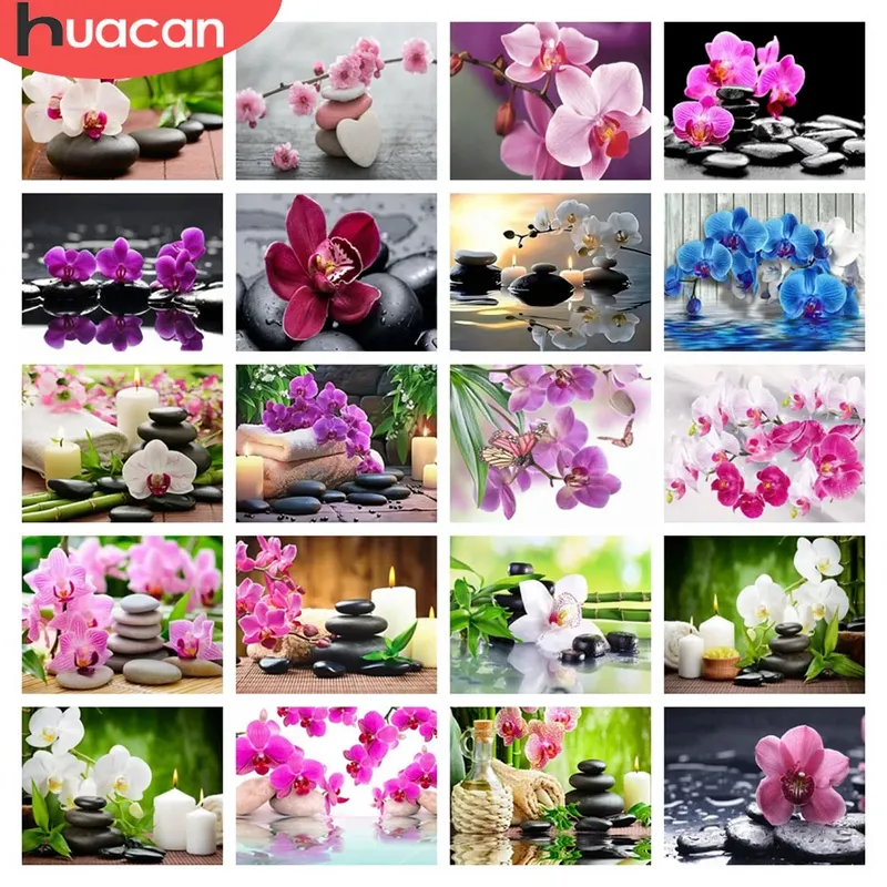 Peinture diamant orchidée fleur bougie lac paysage