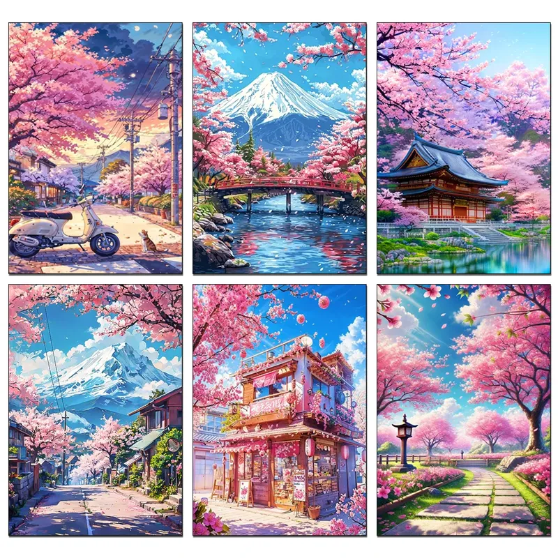 Peinture diamant paysage fleurs cerisier Fuji