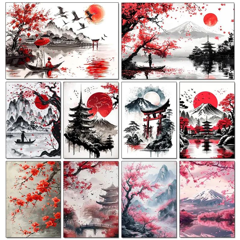 Peinture diamant paysage japonais Sakura 20x30 à 40x50 cm