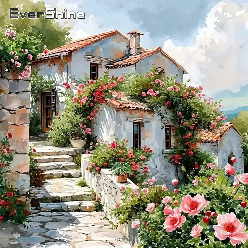 Peinture diamant paysage maison fleur 20x20 à 50x50 cm