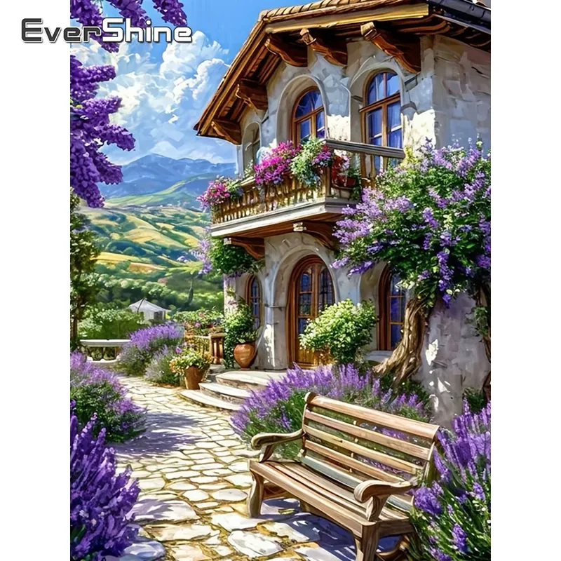Peinture diamant paysage maison fleurs 20 à 70 cm carré