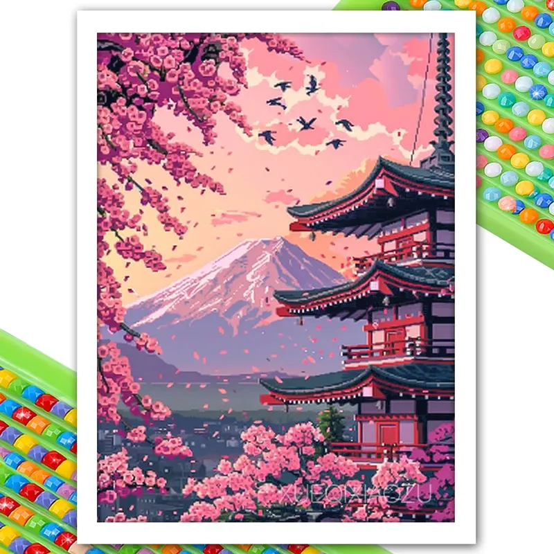 Peinture diamant paysage numérique tour de fleurs cerisier