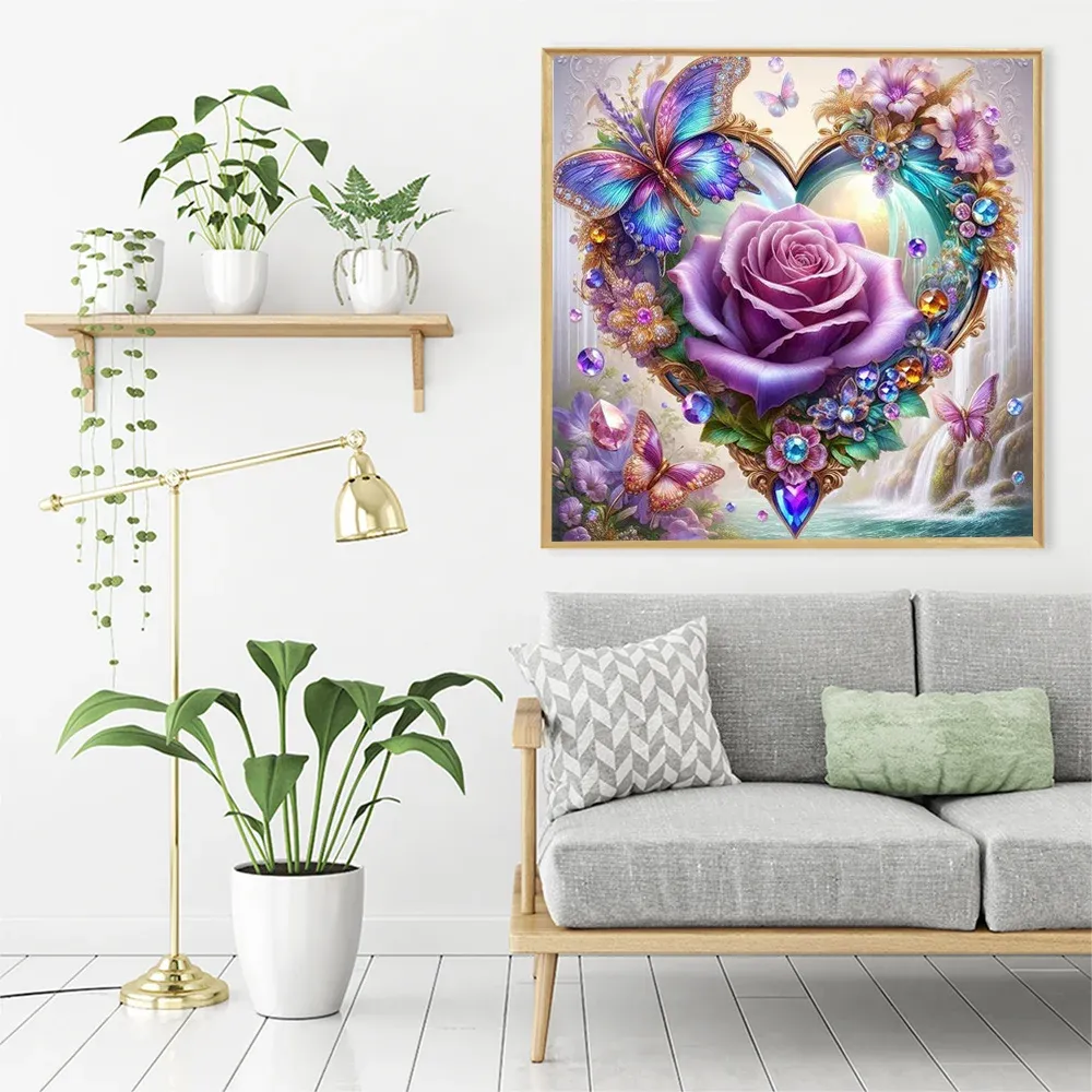 Peinture diamant rose fleur papillon carré rond 20x20cm à 50x50cm