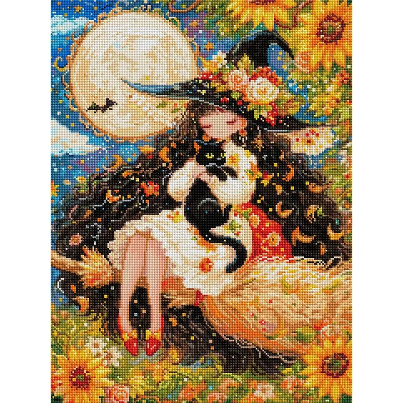Peinture diamant sorcière chat noir