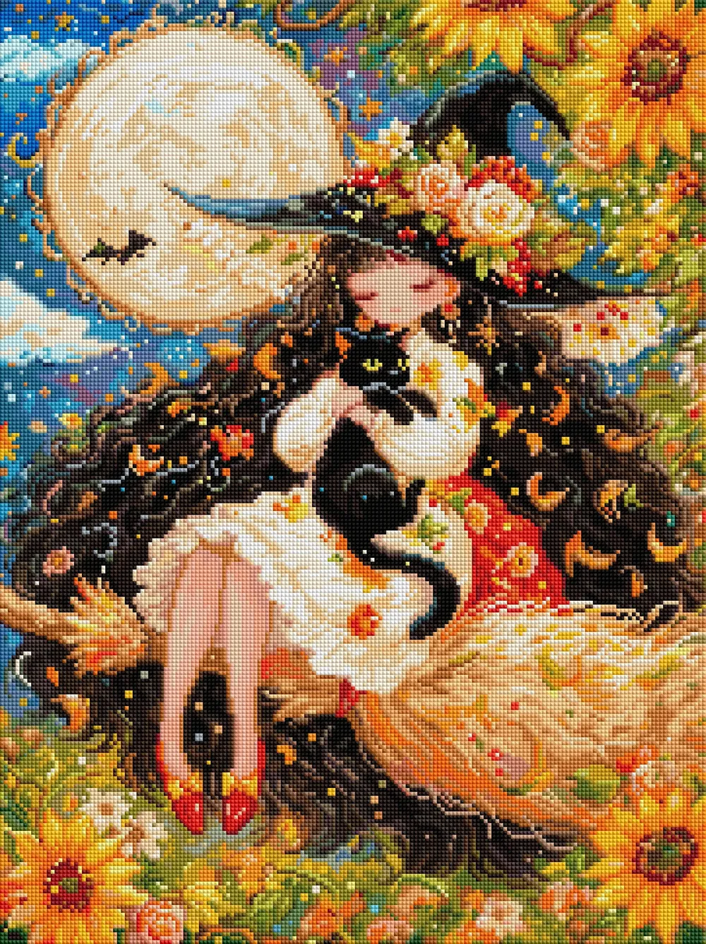 Peinture diamant sorcière chat noir