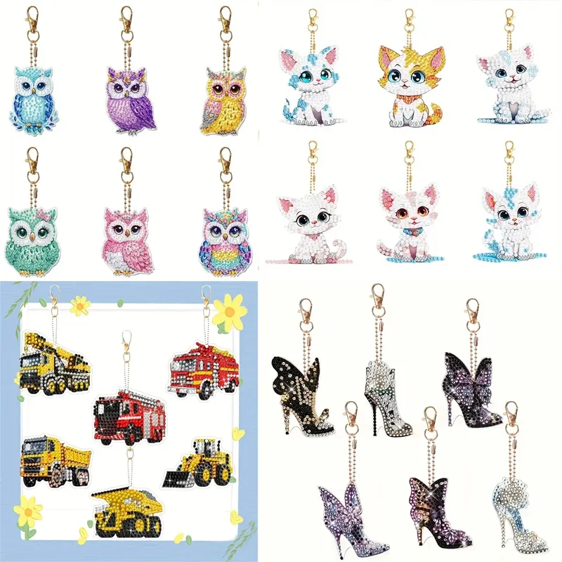 Porte-clés peinture diamant lot de 6 hiboux