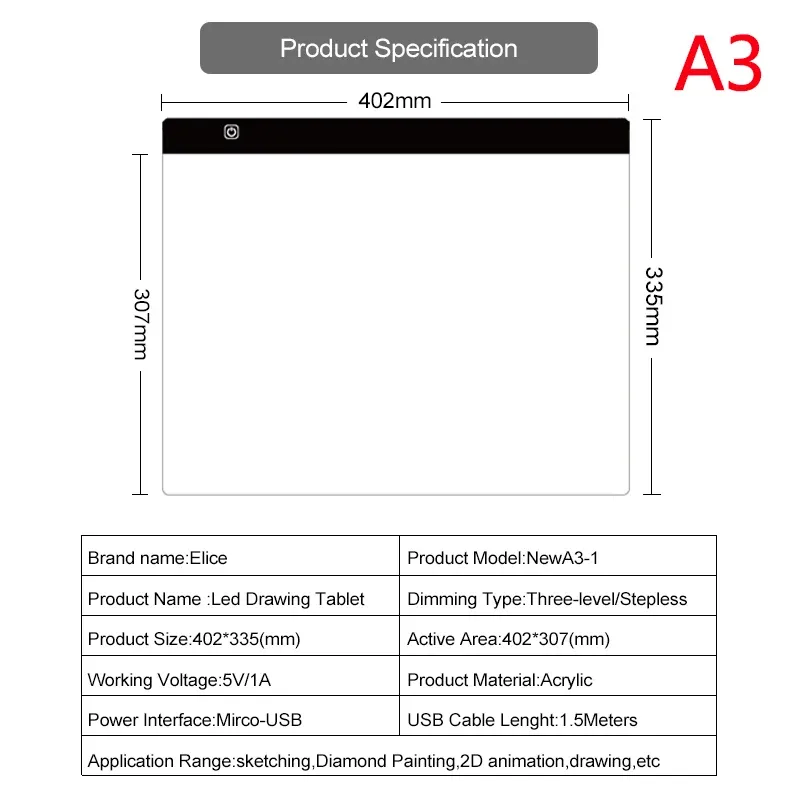 Tampon lumineux LED A3 A4 A5 intensité réglable